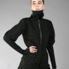 one layered thick women jacket with 2 pockets, long torso fit, finger holes, high neck.