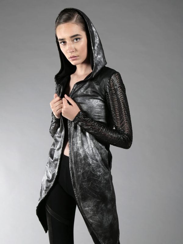 unique Silver and black women cardigan for a cyber look with wrinkled fabric and lining