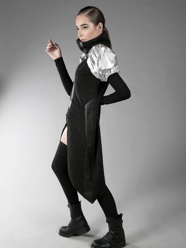 Black and silver cyberpunk jacket from Cotton lycra, fake leather and silver sleeves made of polyester fabric.