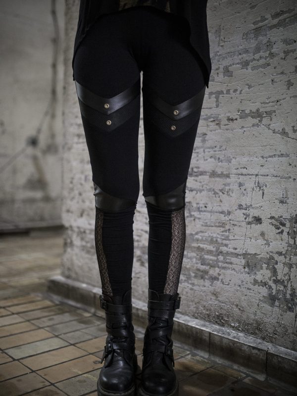 Warrior style of leggings, made from stretchable cotton and vegan leather details designed with brass studs