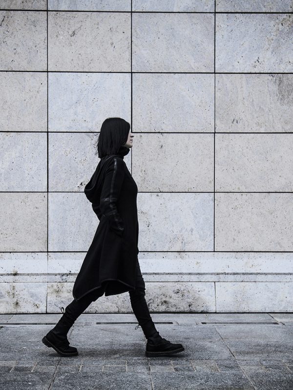 Black long women coat made of quality felt fabric