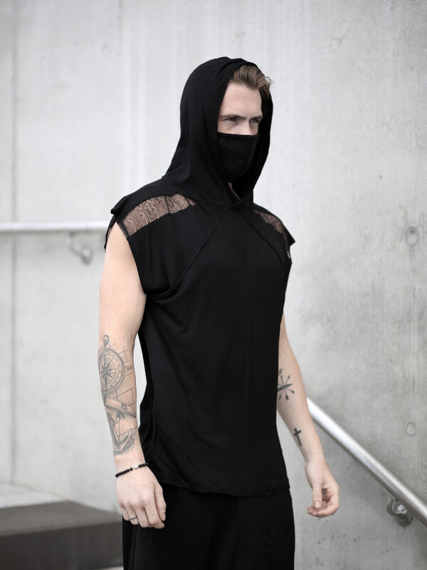 Black viscose tank top for men designed with a transparent net. A perfect men’s summer outfit for lovers of alternative fashion, dystopian look and dark fashion.