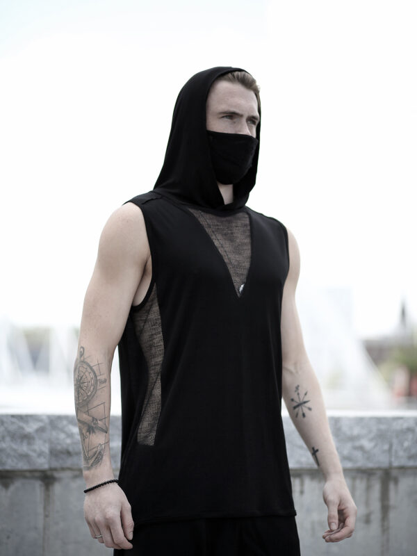 Black viscose tank top for man designed with transparent net.