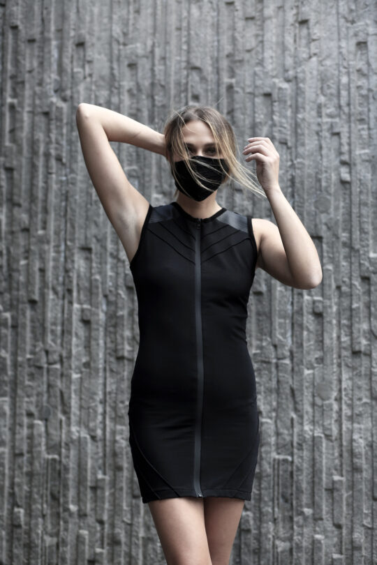 Black cotton lycra dress designed with vegan leather. Full front zipper dress for women in love with dark fashion, alternative, and apocalyptic style. A perfect dress for underground parties.