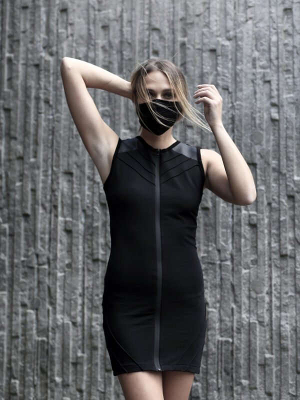 Black cotton lycra dress designed with vegan leather. Full front zipper dress for women in love with dark fashion, alternative, and apocalyptic style. A perfect dress for underground parties.