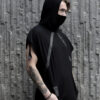 Black cotton hoodie designed with vegan leather stripes for alternative fashion style lovers