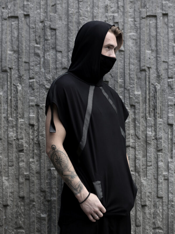 Black cotton hoodie designed with vegan leather stripes for alternative fashion style lovers
