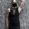 Black cotton lycra dress designed with vegan leather and transparent net.