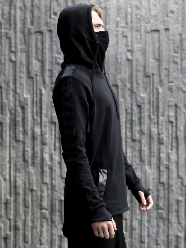 Black cotton hoodie designed with vegan leather stripes.