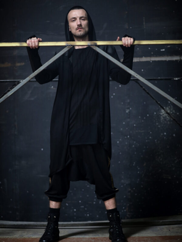 warrior loose cardigan with a minimalist futuristic look made from cotton lycra and vegan eco leather