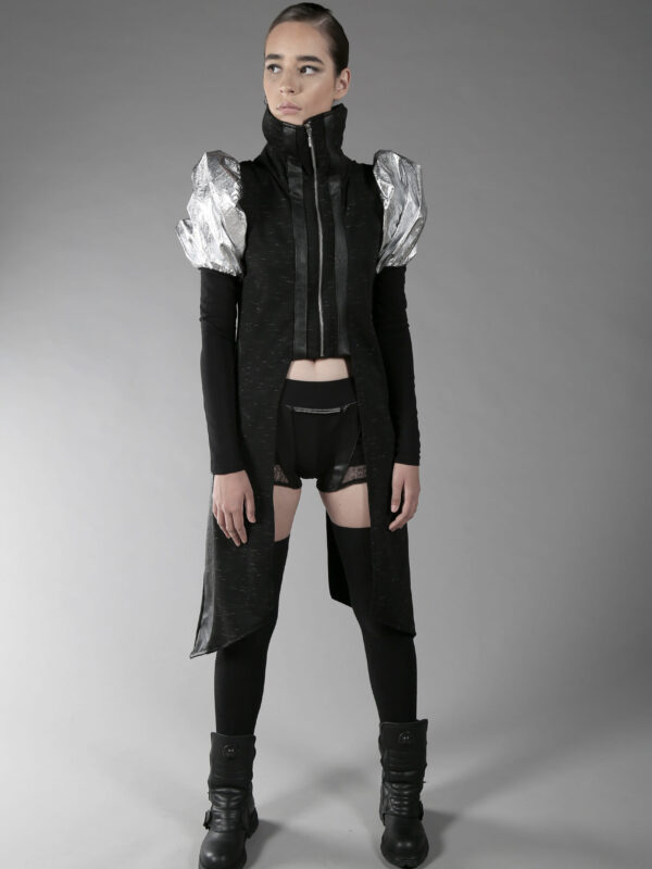 Black and silver cyberpunk jacket from Cotton lycra, fake leather and silver sleeves made of polyester fabric.