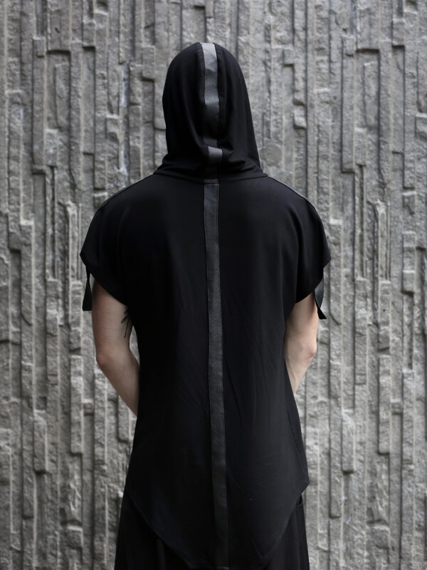 Black cotton hoodie designed with vegan leather stripes for alternative fashion style lovers