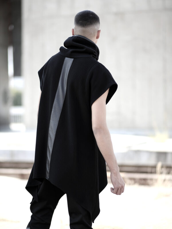 Man poncho made of quality blend wool felt, mix of 2 patterns designed with faux leather stripe on the back. A perfect designer piece for alternative and black fashion lovers.