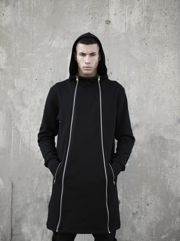 Man soft cotton long hoodie with functional zippers on the front side that you can open from both sides. A unique design for alternative style lovers.