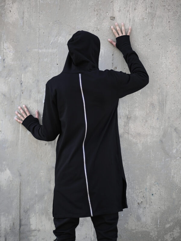 Man soft cotton long hoodie with functional zippers on the front side that you can open from both sides. A unique design for alternative style lovers.