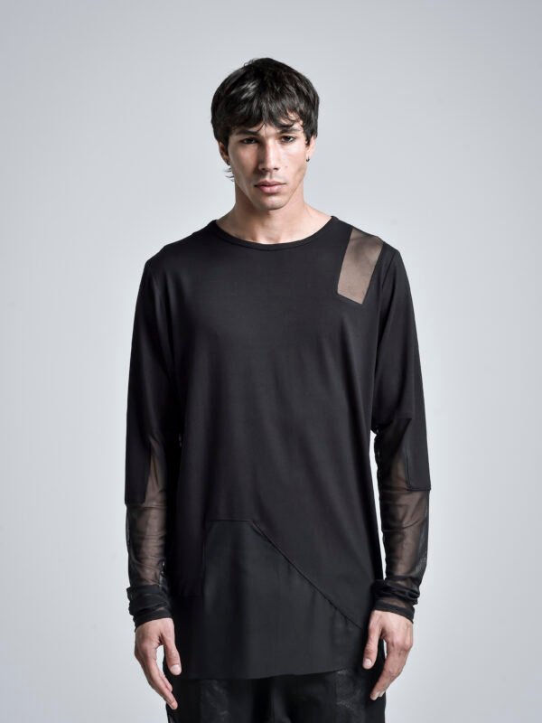 Dissolve Blouse black sheer blouse with mesh sleeves and minimalist avantgarde menswear aesthetic