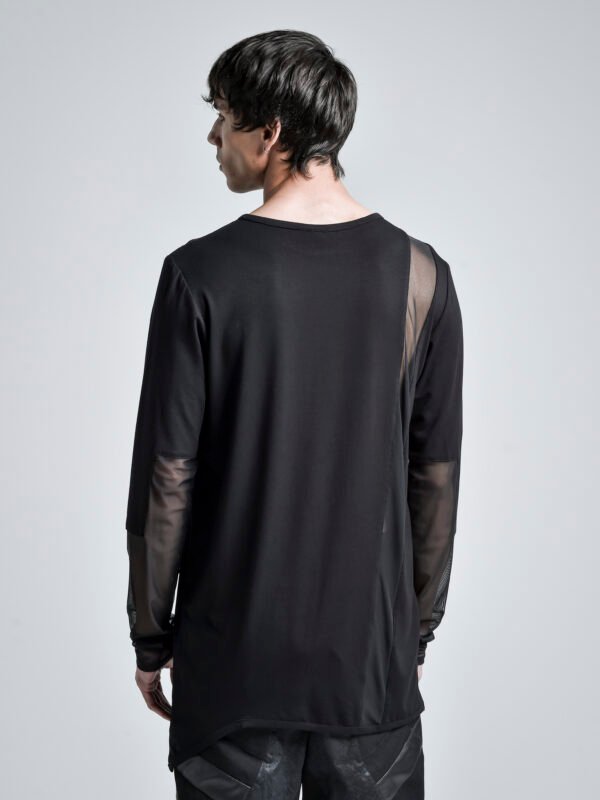 Dissolve Blouse black sheer blouse with mesh sleeves and minimalist avantgarde menswear aesthetic