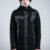 Black men's asymmetric hoodie with zipper, hood, thumbholes and textured faux leather line details, front and back views.