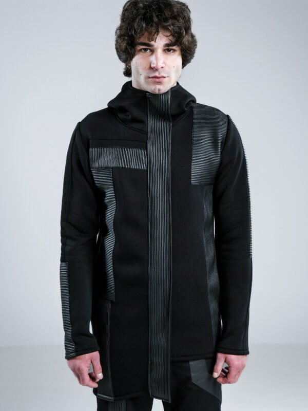Black men's asymmetric hoodie with zipper, hood, thumbholes and textured faux leather line details, front and back views.