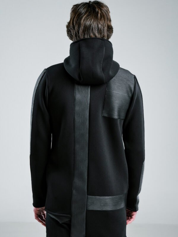 Black men's asymmetric hoodie with zipper, hood, thumbholes and textured faux leather line details, front and back views.