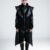 Ashfall Coat, women's long black asymmetric wool coat with oversized hood, high collar, faux-leather panels and full-length zipper.