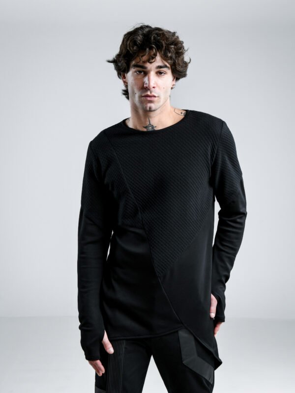 Prism Tunic, men's black asymmetric long-sleeve tunic shirt with textured front panel, diagonal seam and extended hem.